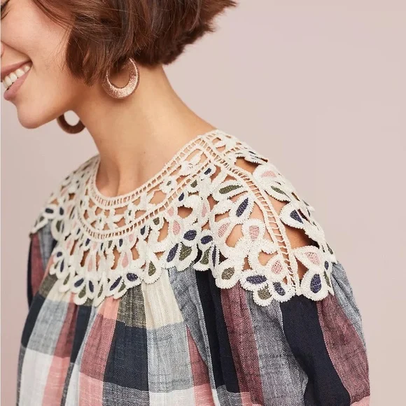 Anthropologie Pink and Black Puff Sleeve Blouse with Bib Collar - Picture 4 of 13